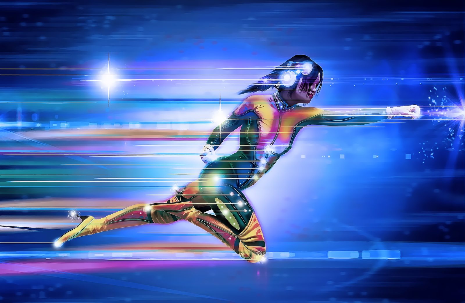 A figure moving at speed, representing the real download and upload speeds on Tivra's network.
